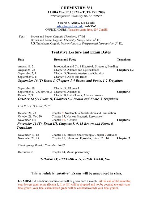 CHEMISTRY 261 Tentative Lecture and Exam Dates