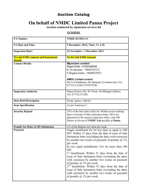 Auction Catalog On behalf of NMDC Limited Panna Project