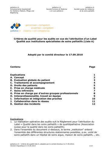 Base normative (critères de qualité) pour les audits en ... - Palliative ch