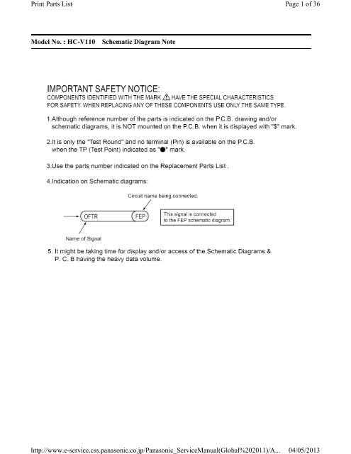 Model No. : HC-V110 Schematic Diagram Note Page 1 of 36 Print ...