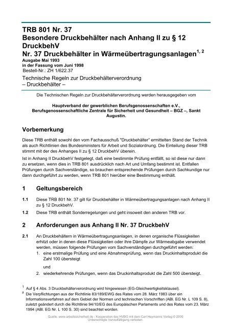 TRB 801 Nr. 37 Besondere Druckbehälter nach Anhang II zu § 12 ...