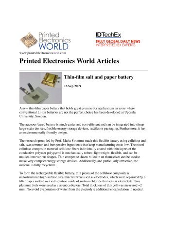 Printed Electronics World - Thin ﬁlm salt and paper battery
