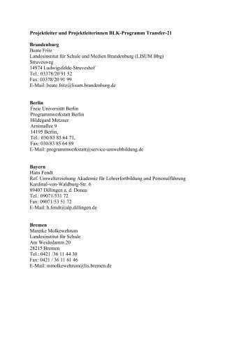 Projektleiter und Projektleiterinnen BLK-Programm Transfer-21 ...