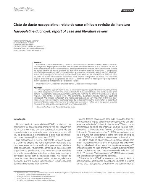 Cisto do ducto nasopalatino: relato de caso clÃ­nico e revisÃ£o ... - Unip
