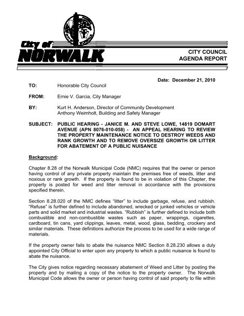 appeal of order to abate weeds and litter â 14819 ... - City of Norwalk