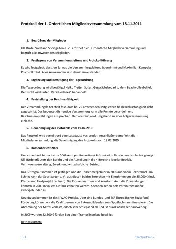 Protokoll der 1. Ordentlichen Mitgliederversammlung vom 18.11.2011