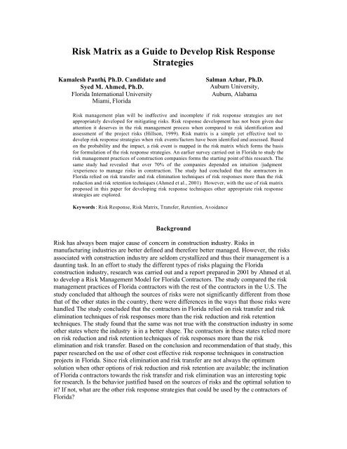 Risk Matrix as a Guide to Develop Risk Response Strategies