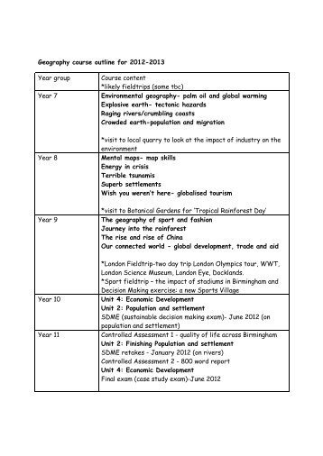 Geography course outline for 2012-2013 Year group Course content ...