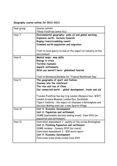 Geography course outline for 2012-2013 Year group Course content ...