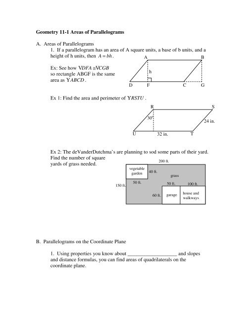 Geometry 11-1 Areas of Parallelograms A. Areas of Parallelograms 