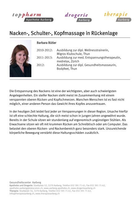 Nacken-, Schulter-, Kopfmassage in Rückenlage - Drogerie Aarberg