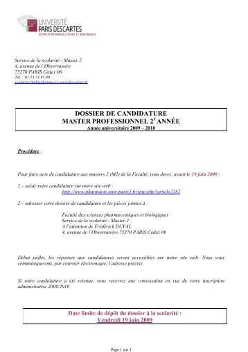 dossier de candidature master professionnel 2 e annÃ©e - FacultÃ© de ...