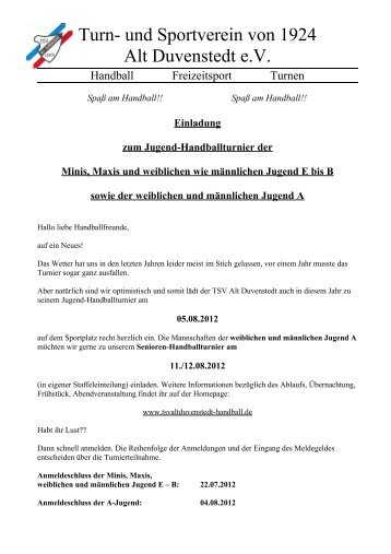 Einladung zum Jugend-Handballturnier der ... - TSV Alt Duvenstedt