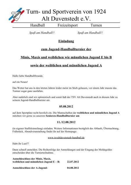 Einladung zum Jugend-Handballturnier der ... - TSV Alt Duvenstedt