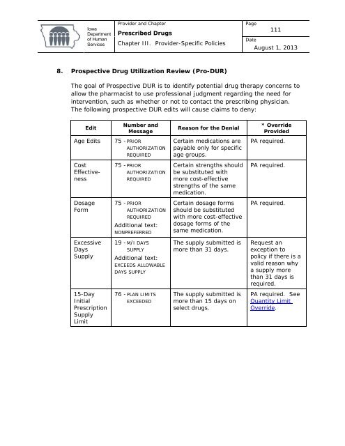Prescribed Drugs Provider Manual - Iowa Department of Human ...