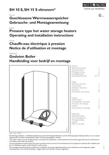 SH 10 S, SH 15 S eltronomÂ® Geschlossene Warmwasserspeicher ...