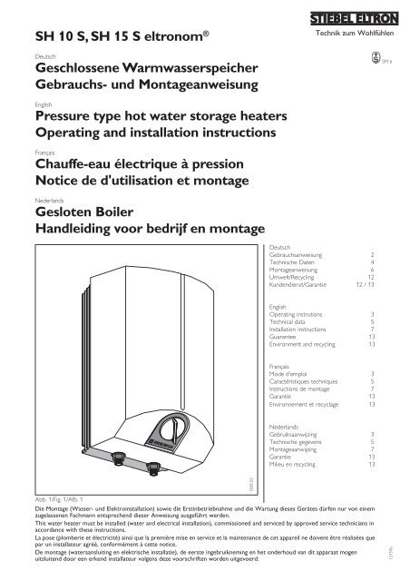 SH 10 S, SH 15 S eltronomÂ® Geschlossene Warmwasserspeicher ...