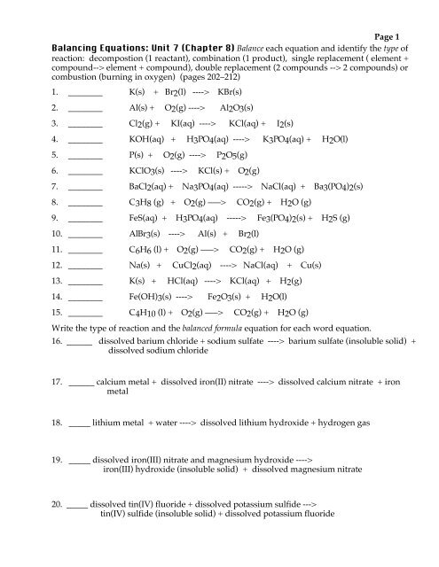 Balancing Equations Worksheets