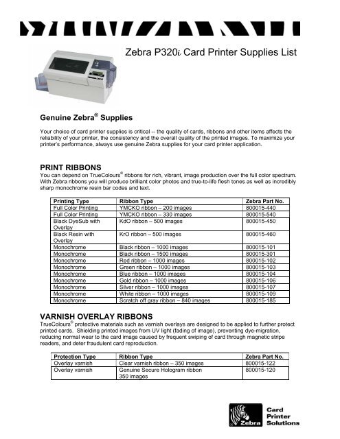 Zebra P320i Card Printer Supplies List - ID card printers