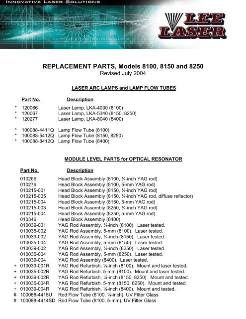 REPLACEMENT PARTS, Models 8100, 8150 and ... - Lee Laser, Inc.