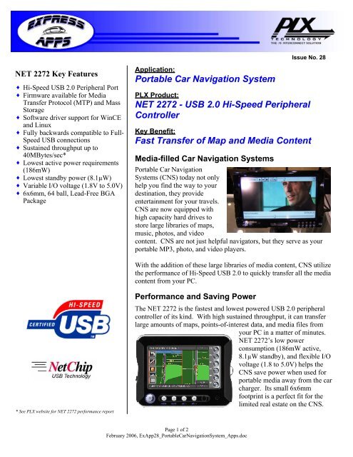Portable Car Navigation System NET 2272 - USB ... - PLX Technology