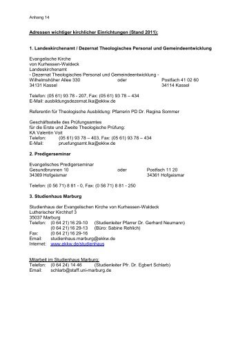 Adressen wichtiger kirchlicher Einrichtungen - landeskonvent-ekkw.de