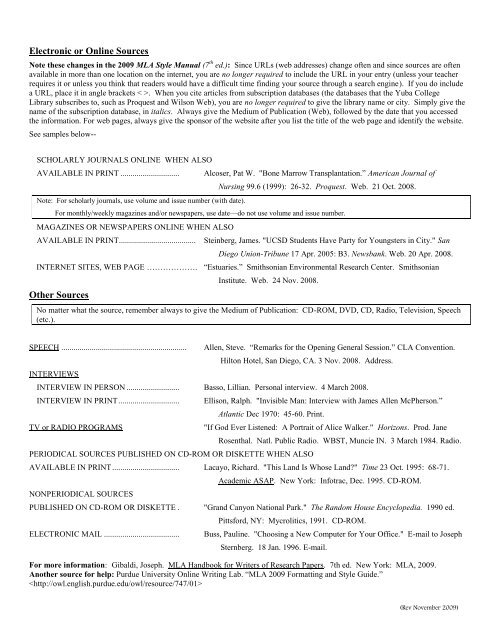 MLA Stylesheet for Term Paper Citations - Yuba College