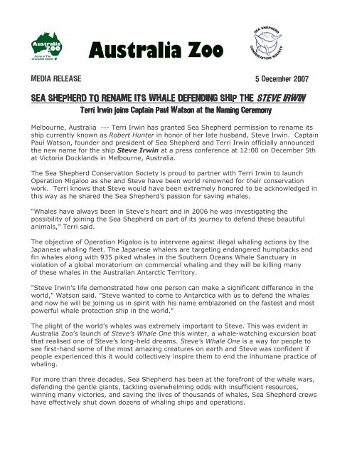 Sea Shepherd Media Release Final - Australia Zoo