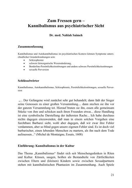 Zum Fressen gern -; Kannibalismus aus psychiatrischer Sicht