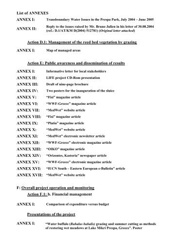 List of ANNEXES ANNEX I: ANNEX II: Action D.1: Management of ...