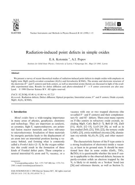 Radiation-induced point defects in simple oxides - Institute of Solid ...