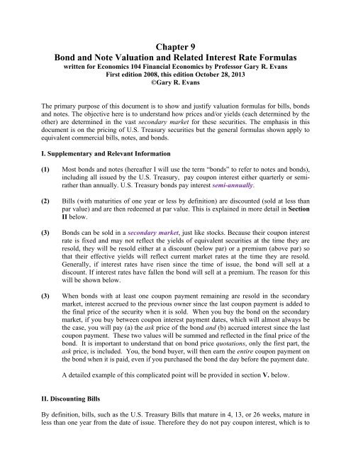 Bond and Note Valuation and Related Interest Rate Formulas