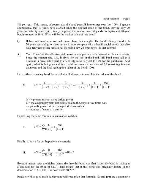 Bond and Note Valuation and Related Interest Rate Formulas