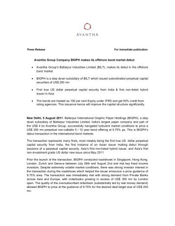 Avantha Group Company BIGPH makes its offshore bond market ...