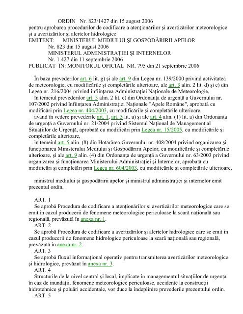 ORDIN Nr. 823/1427 din 15 august 2006 pentru aprobarea ...