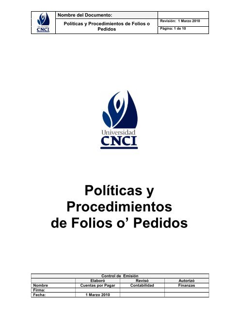 Políticas y Procedimientos de Folios o' Pedidos