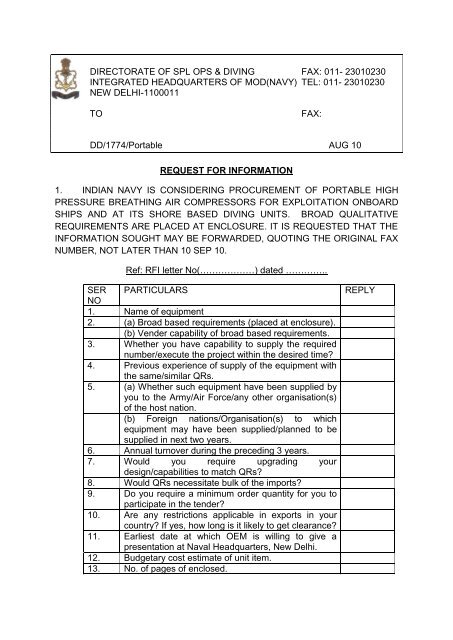 directorate of spl ops & diving fax - CII National Committee on Defence