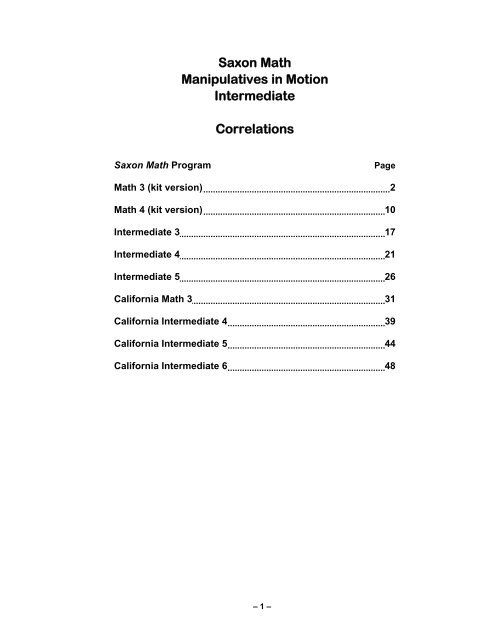 Saxon Math Manipulatives In Motion Intermediate Correlations