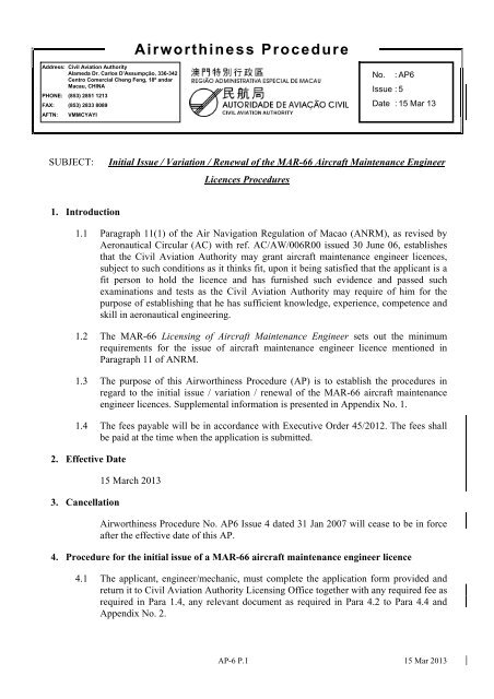 Initial Issue/Variation/Renewal of the MAR-66 Aircraft Maintenance ...