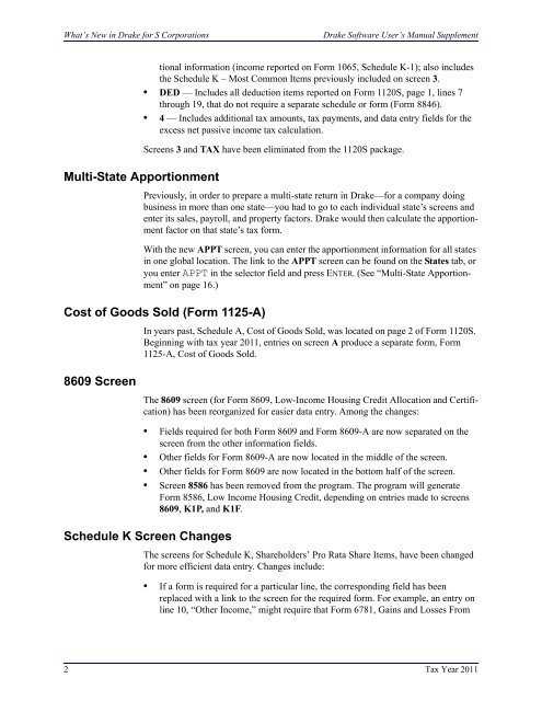 Drake Software User's Manual Tax Year 2011 Supplement: S ...