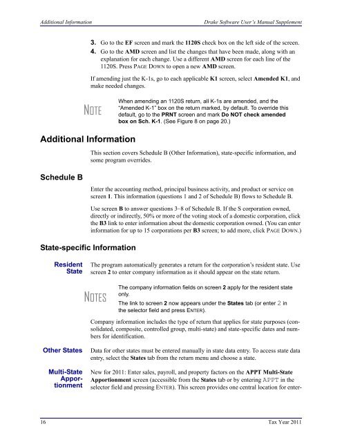 Drake Software User's Manual Tax Year 2011 Supplement: S ...