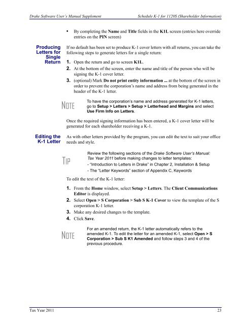 Drake Software User's Manual Tax Year 2011 Supplement: S ...