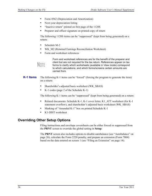 Drake Software User's Manual Tax Year 2011 Supplement: S ...