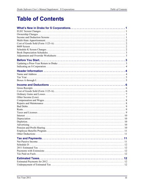 Drake Software User's Manual Tax Year 2011 Supplement: S ...