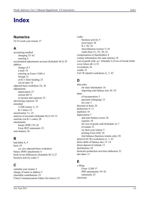 Drake Software User's Manual Tax Year 2011 Supplement: S ...