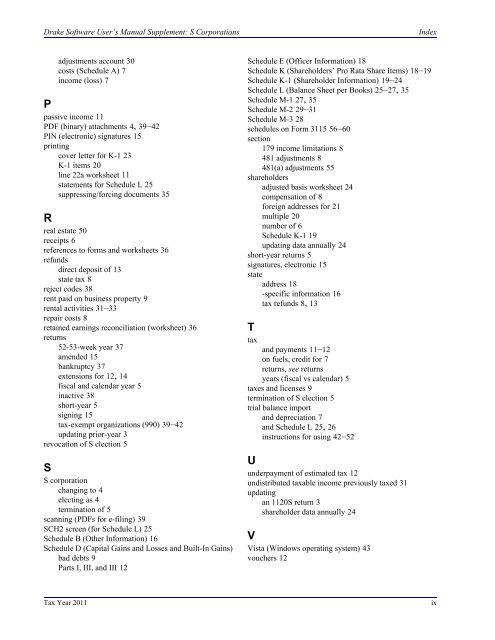 Drake Software User's Manual Tax Year 2011 Supplement: S ...