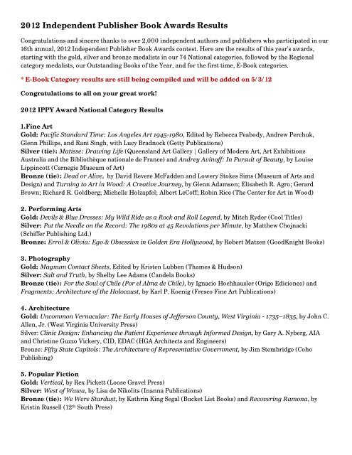 2012 Independent Publisher Book Awards Results