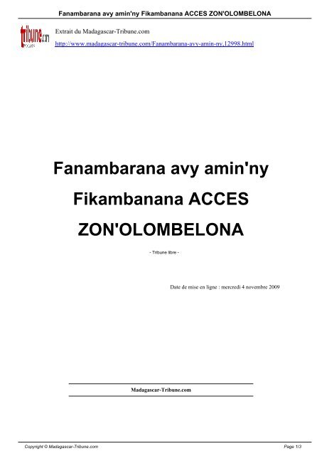 Fanambarana avy amin'ny Fikambanana ACCES ZON'OLOMBELONA