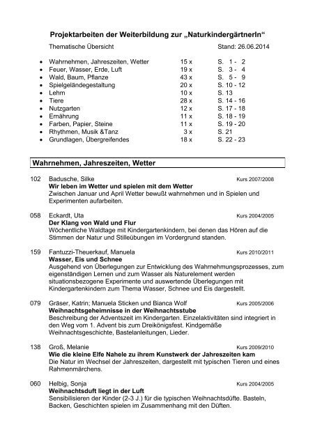 Projektarbeiten der Weiterbildung zur âNaturkindergÃ¤rtnerInâ