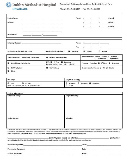 Outpatient Anticoagulation Clinic Patient Referral Form ... - OhioHealth